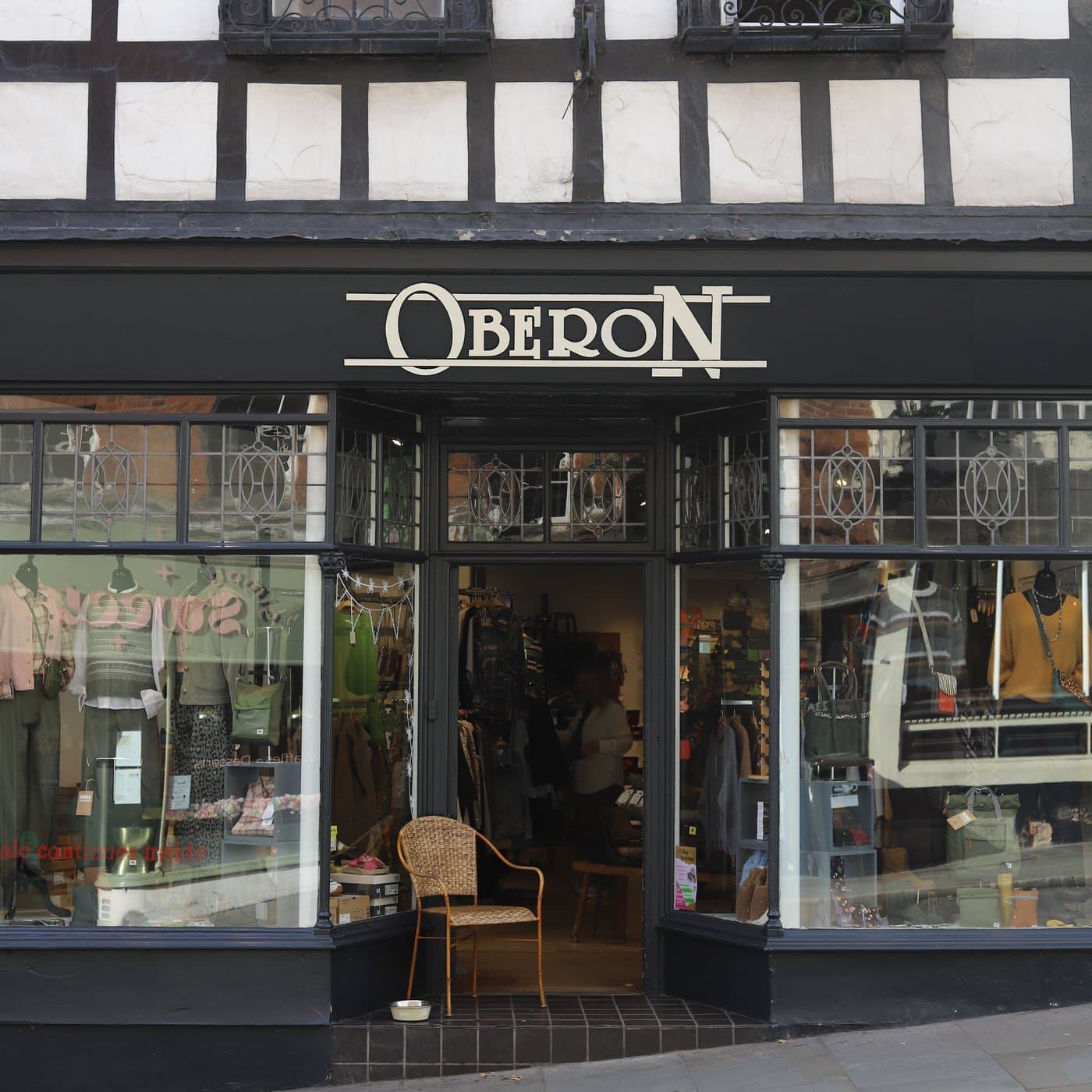 An Oberon shopfront on Wyle Cop, its windows dressed with new-season clothing.